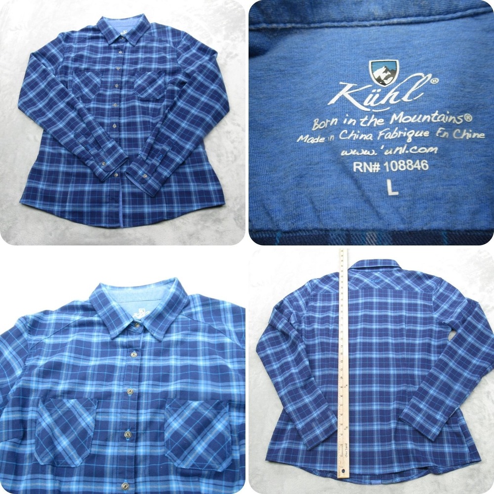 Kuhl Shirt Womens Large Blue Plaid Flannel Pockets Button Up Long Sleeve Casual - Picture 1 of 12
